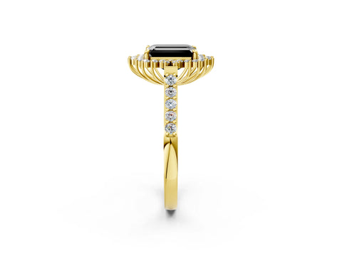 Yellow gold Fancy Black Emerald Cut Cut Diamond Sunburst Halo Engagement Ring with Pavé Band_2