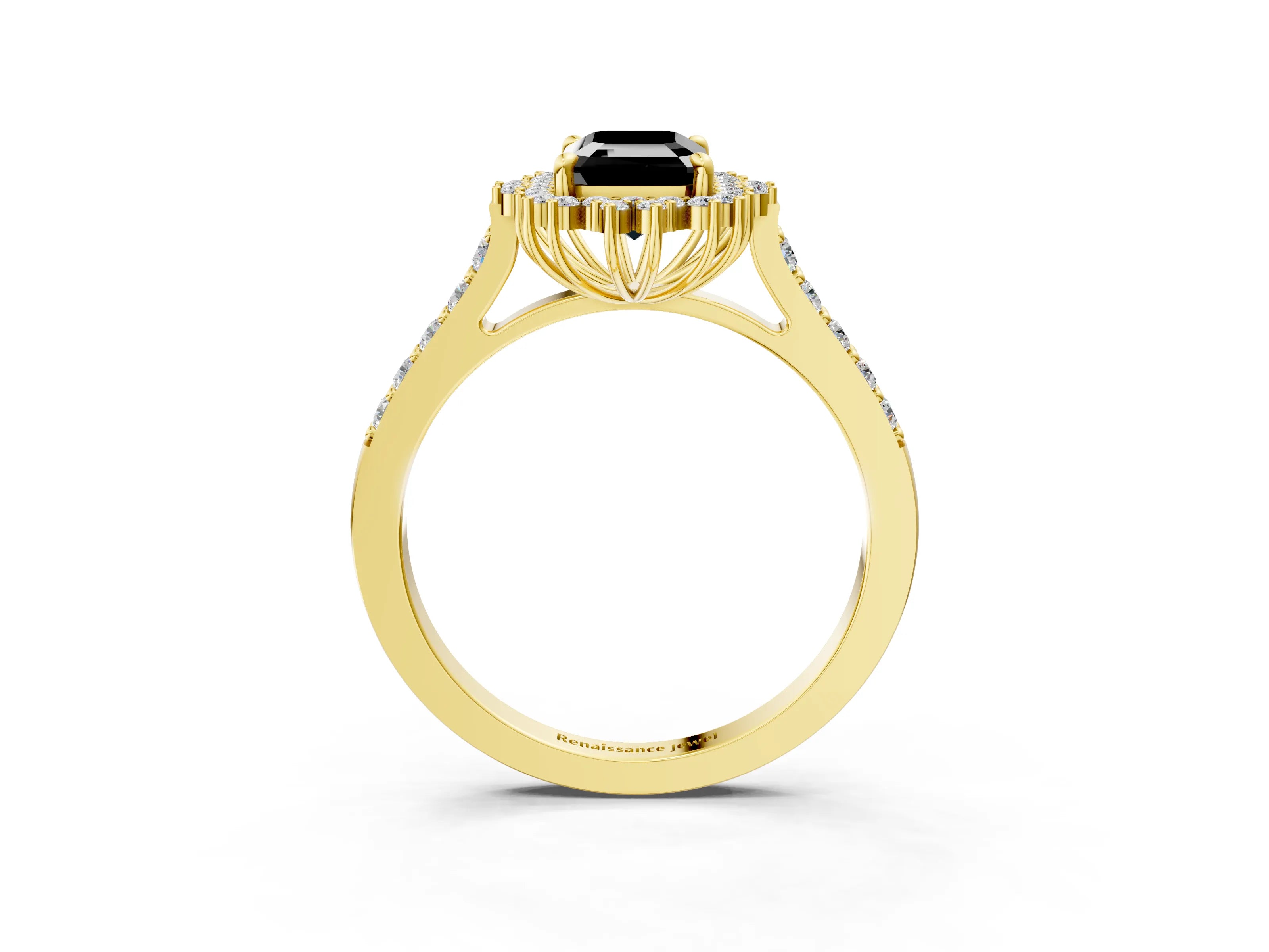 Yellow gold Fancy Black Emerald Cut Cut Diamond Sunburst Halo Engagement Ring with Pavé Band_3