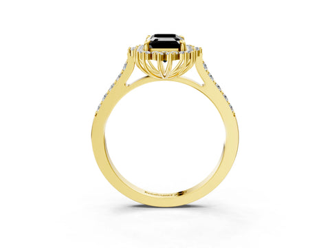 Yellow gold Fancy Black Emerald Cut Cut Diamond Sunburst Halo Engagement Ring with Pavé Band_3