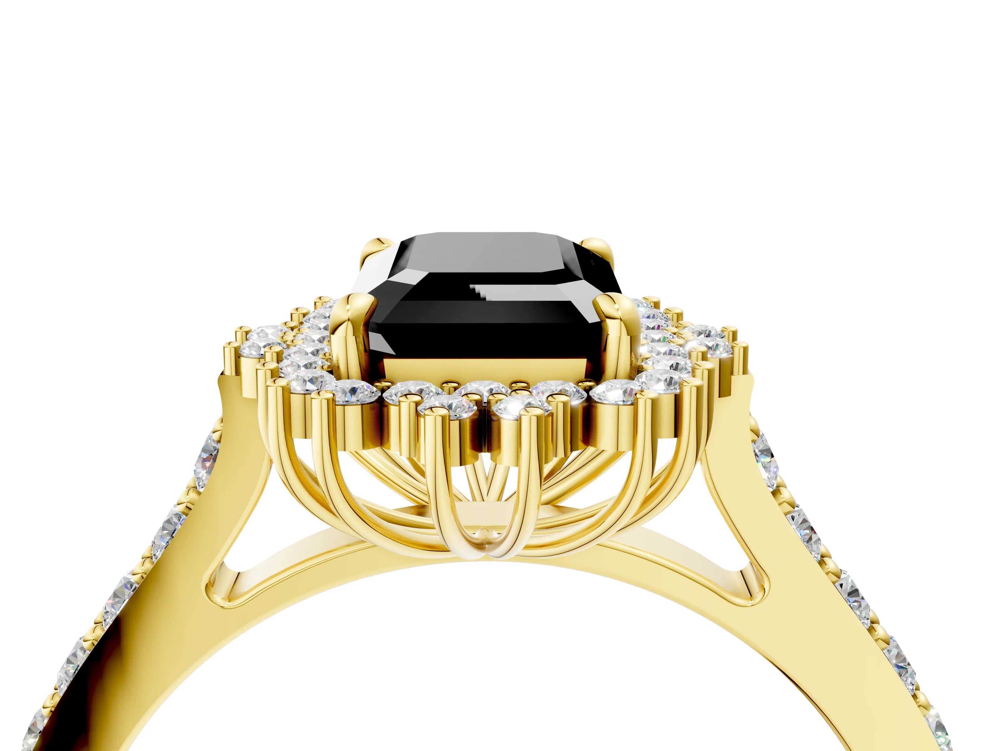 Yellow gold Fancy Black Emerald Cut Cut Diamond Sunburst Halo Engagement Ring with Pavé Band_4