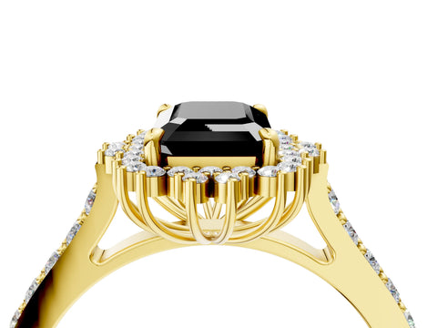Yellow gold Fancy Black Emerald Cut Cut Diamond Sunburst Halo Engagement Ring with Pavé Band_4