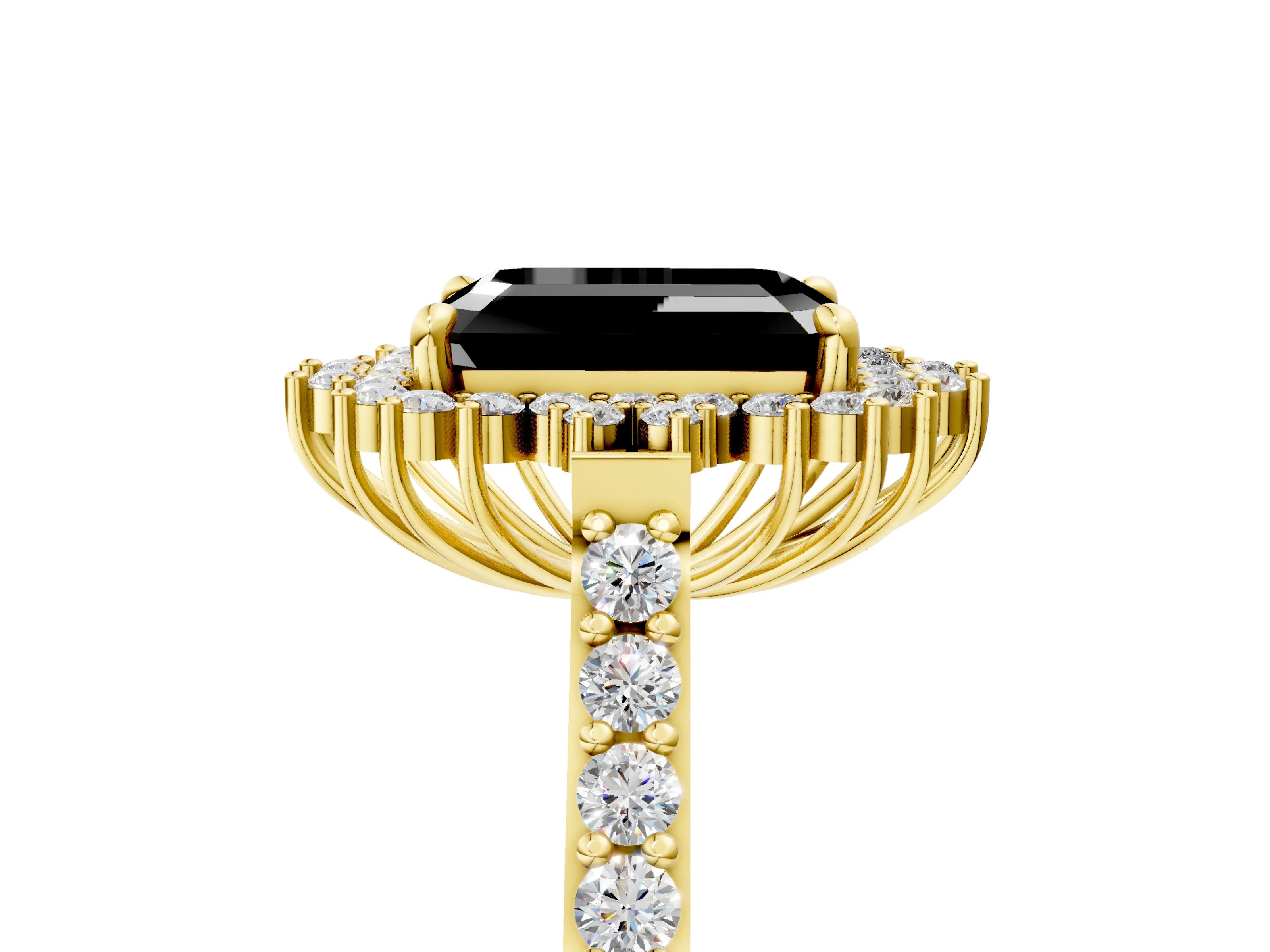 Yellow gold Fancy Black Emerald Cut Cut Diamond Sunburst Halo Engagement Ring with Pavé Band_5
