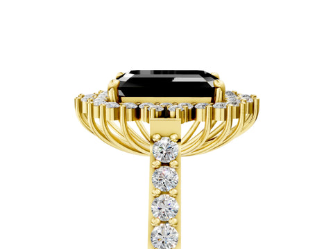 Yellow gold Fancy Black Emerald Cut Cut Diamond Sunburst Halo Engagement Ring with Pavé Band_5