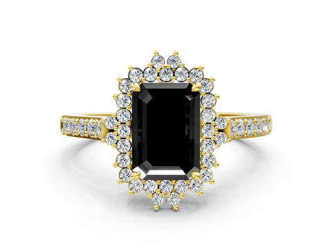 Yellow gold Fancy Black Emerald Cut Cut Diamond Sunburst Halo Engagement Ring with Pavé Band