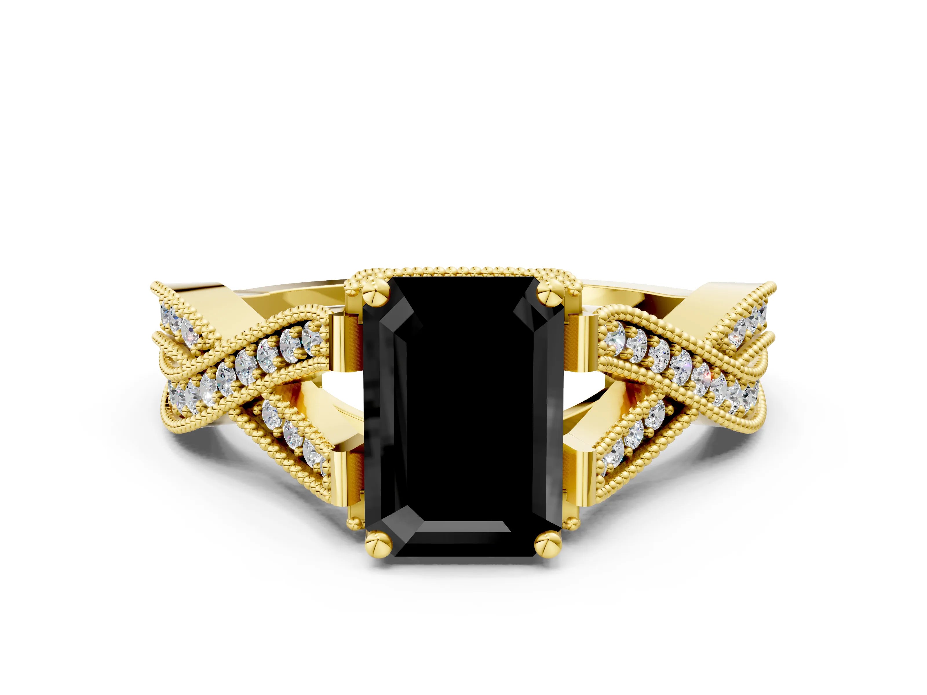 Yellow gold Fancy Black Emerald Cut Cut Diamond Twisted Band with Milgrain Pave Setting and Four-Prong Setting