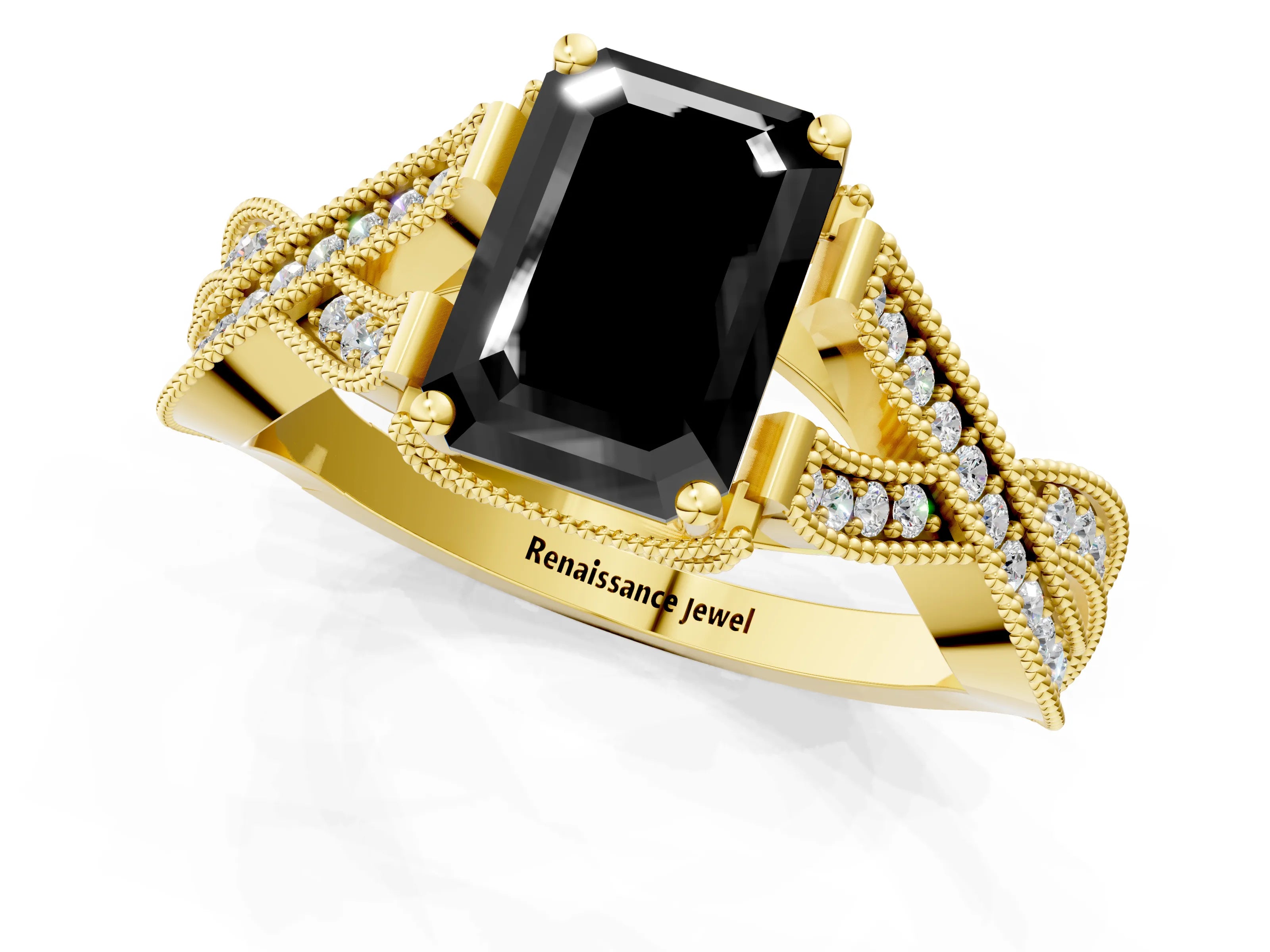 Yellow gold Fancy Black Emerald Cut Cut Diamond Twisted Band with Milgrain Pave Setting and Four-Prong Setting_1