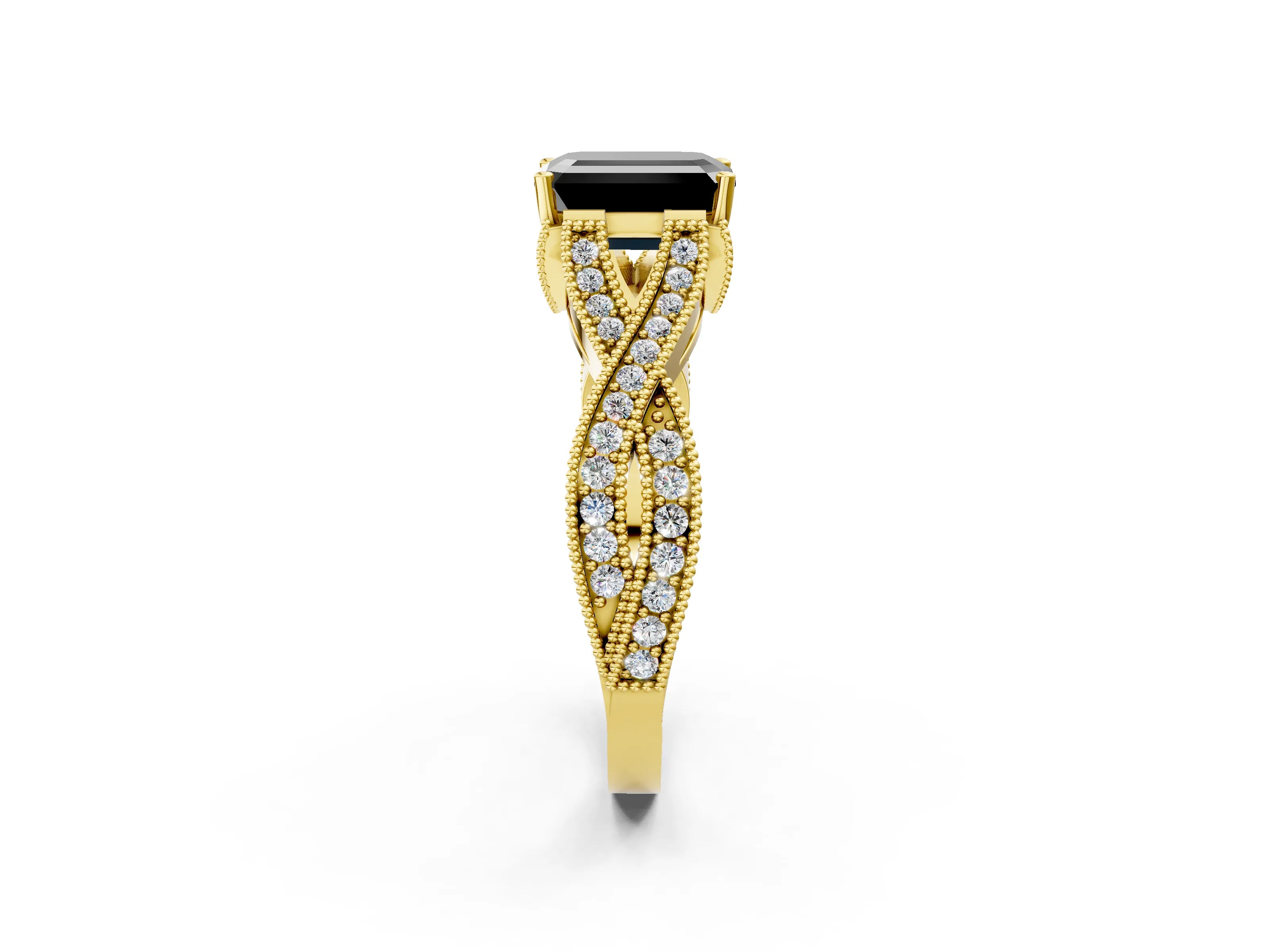 Yellow gold Fancy Black Emerald Cut Cut Diamond Twisted Band with Milgrain Pave Setting and Four-Prong Setting_2