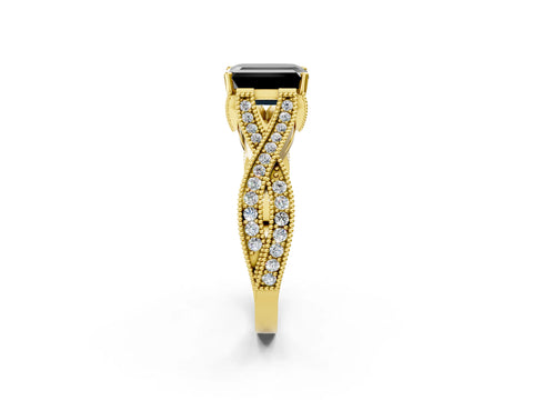 Yellow gold Fancy Black Emerald Cut Cut Diamond Twisted Band with Milgrain Pave Setting and Four-Prong Setting_2