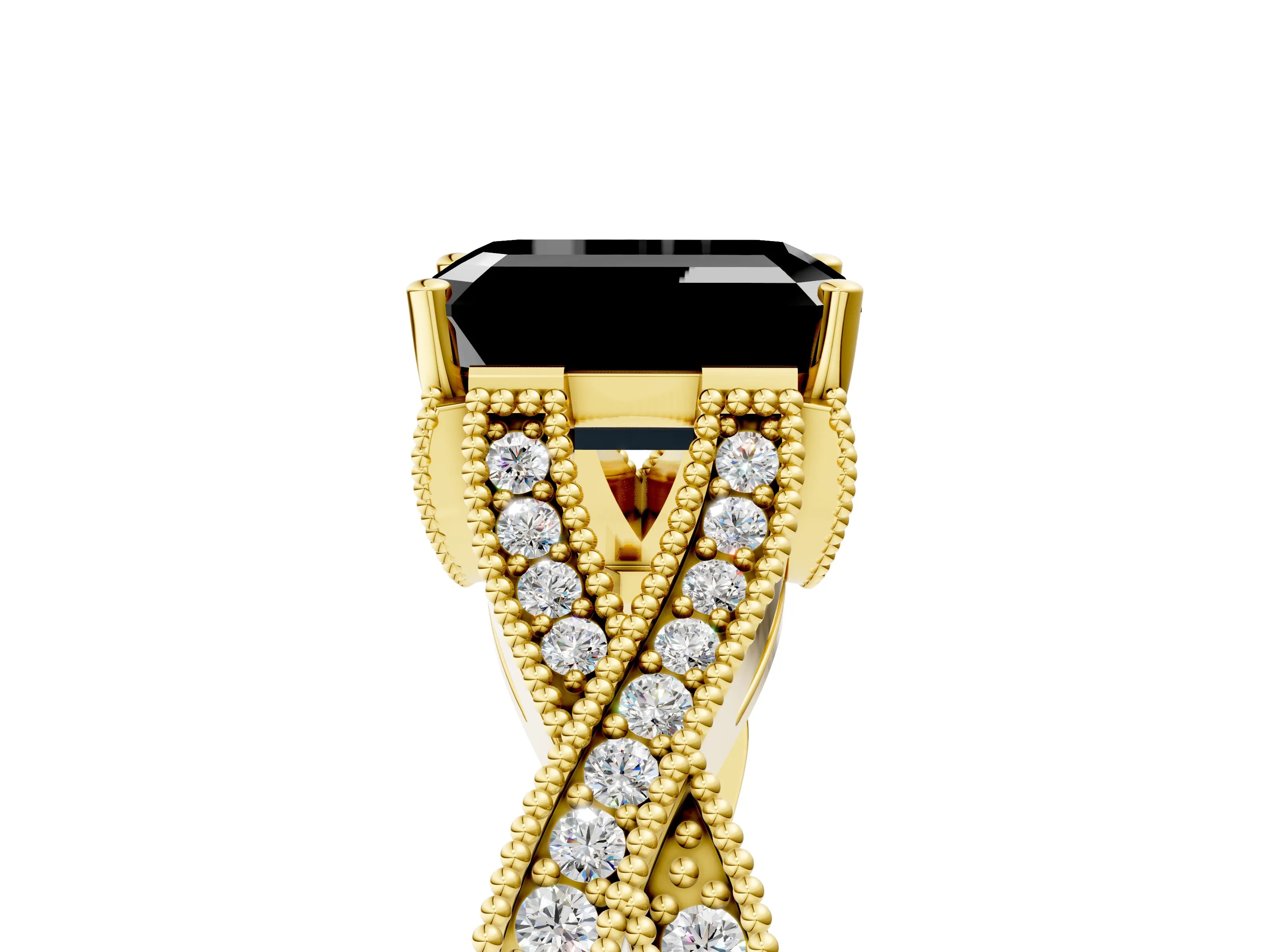 Yellow gold Fancy Black Emerald Cut Cut Diamond Twisted Band with Milgrain Pave Setting and Four-Prong Setting_5