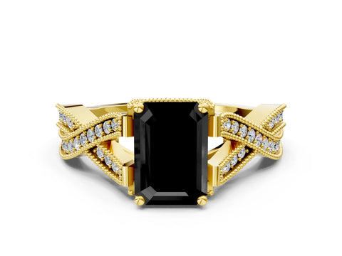 Yellow gold Fancy Black Emerald Cut Cut Diamond Twisted Band with Milgrain Pave Setting and Four-Prong Setting