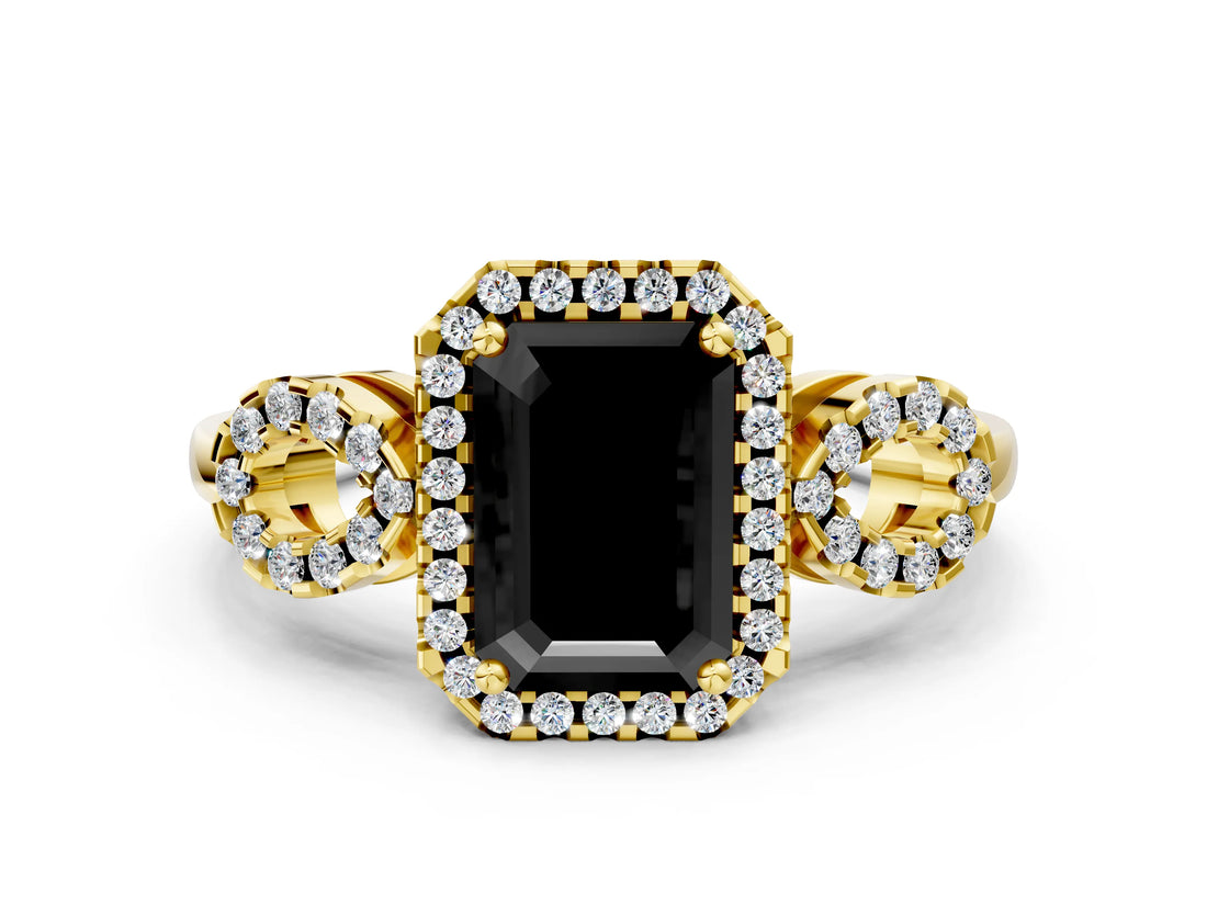 Yellow gold Fancy Black Emerald Cut Cut Halo Diamond Infinity Band with Four-Prong Setting