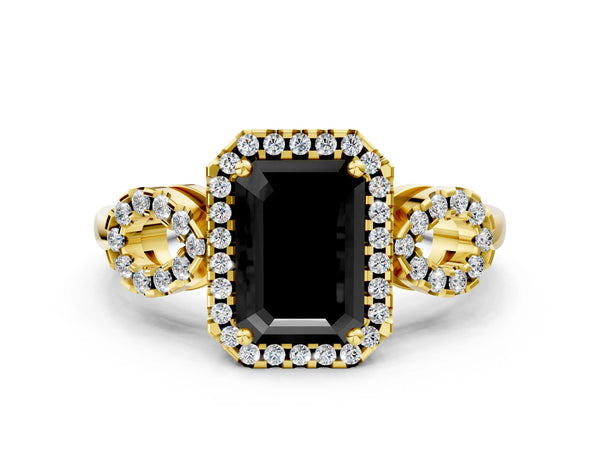Yellow Gold Emerald Cut Pave Infinity Halo Engagement Ring Setting for Black Center