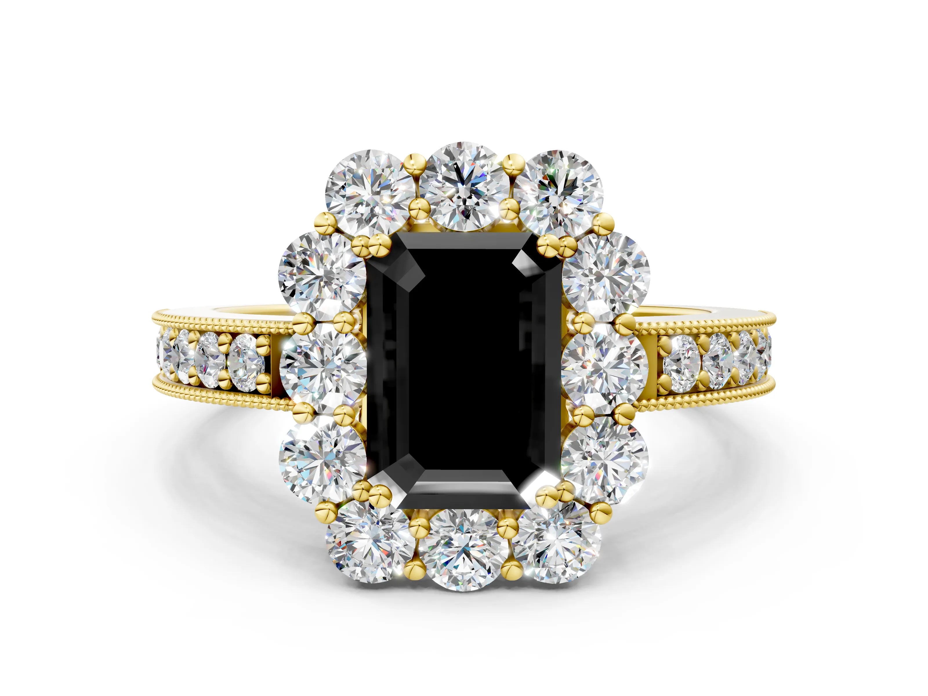 Yellow gold Fancy Black Emerald Cut Cut Halo Diamond Pavé Engagement Ring with Milgrain Detailing