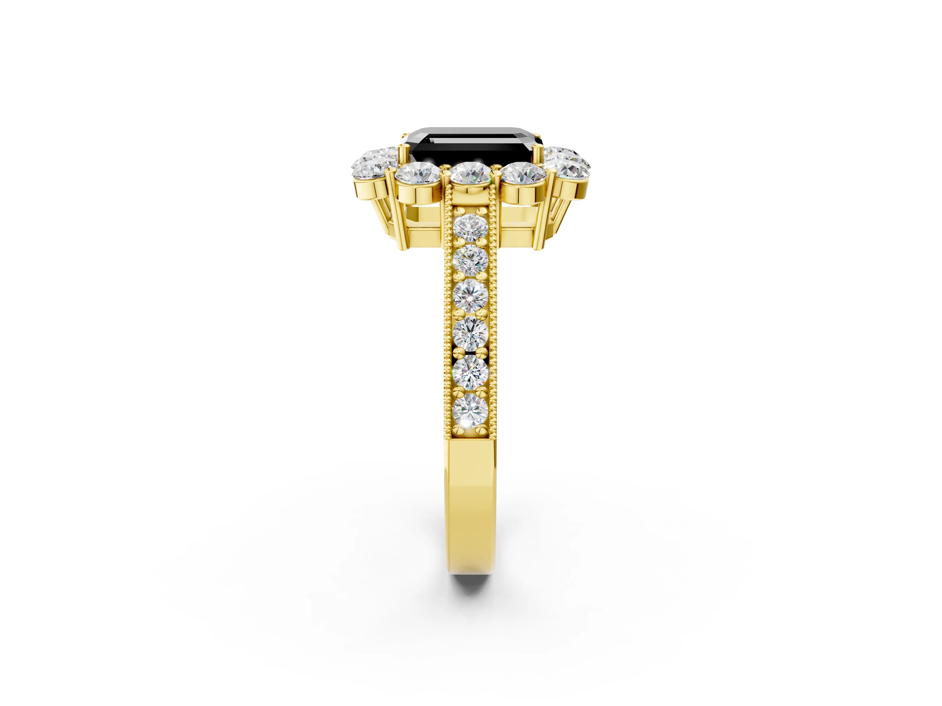 Yellow gold Fancy Black Emerald Cut Cut Halo Diamond Pavé Engagement Ring with Milgrain Detailing_2