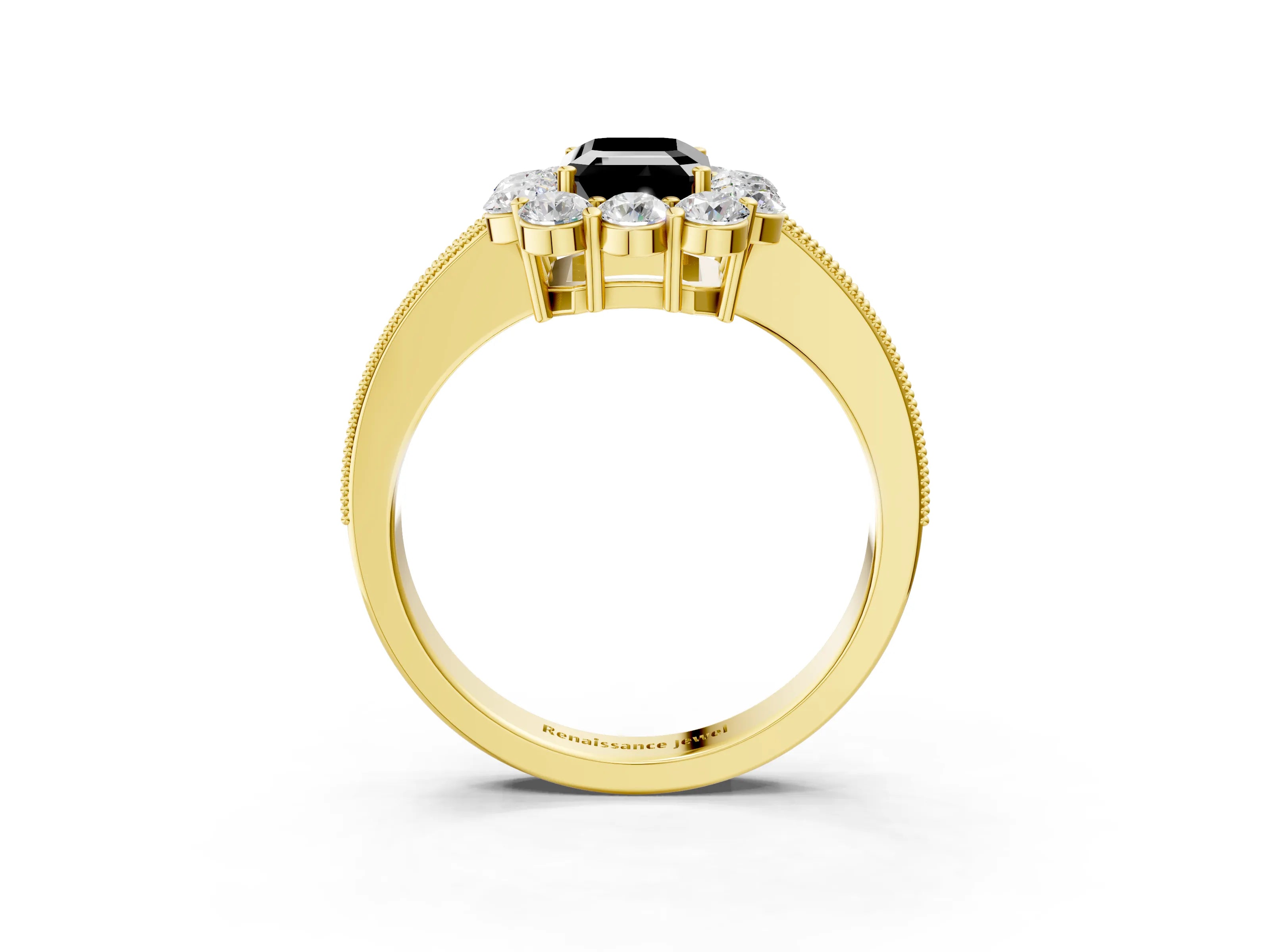 Yellow gold Fancy Black Emerald Cut Cut Halo Diamond Pavé Engagement Ring with Milgrain Detailing_3