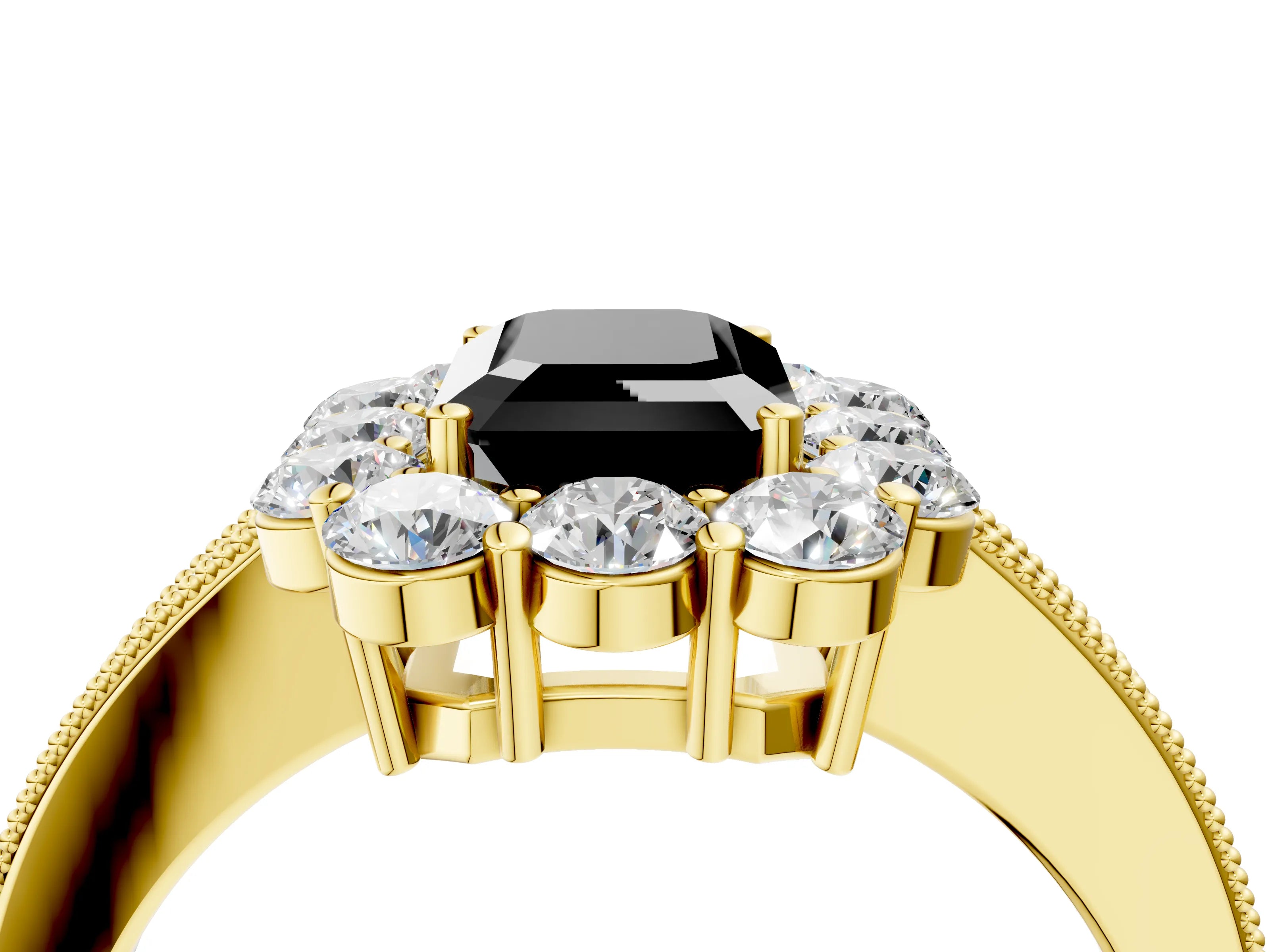Yellow gold Fancy Black Emerald Cut Cut Halo Diamond Pavé Engagement Ring with Milgrain Detailing_4