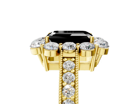 Yellow gold Fancy Black Emerald Cut Cut Halo Diamond Pavé Engagement Ring with Milgrain Detailing_5