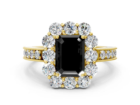 Yellow gold Fancy Black Emerald Cut Cut Halo Diamond Pavé Engagement Ring with Milgrain Detailing