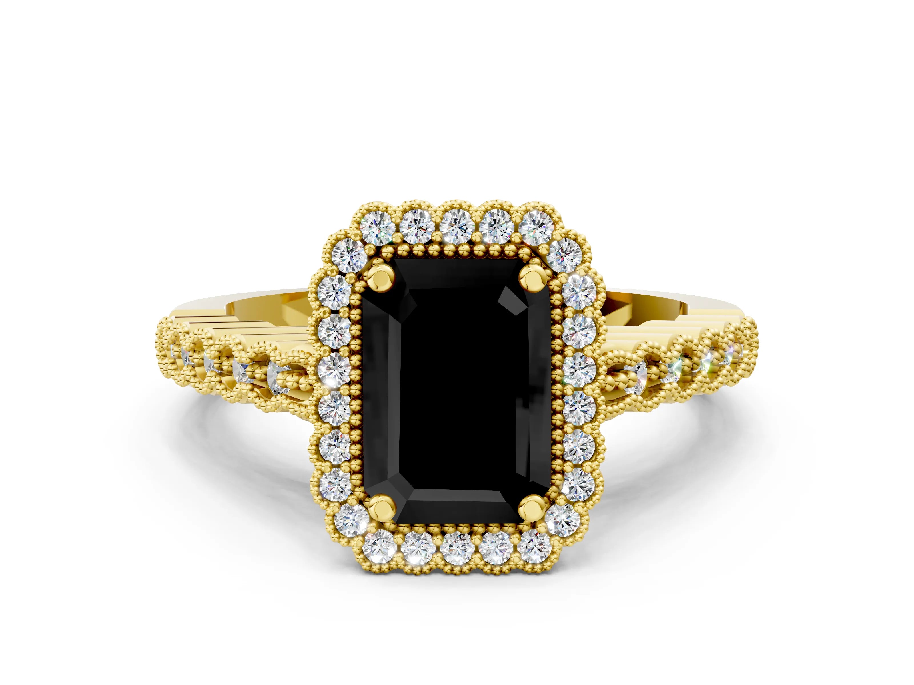 Yellow gold Fancy Black Emerald Cut Cut Halo Pavé Solitaire Ring with Milgrain Band