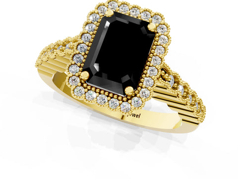 Yellow gold Fancy Black Emerald Cut Cut Halo Pavé Solitaire Ring with Milgrain Band_1