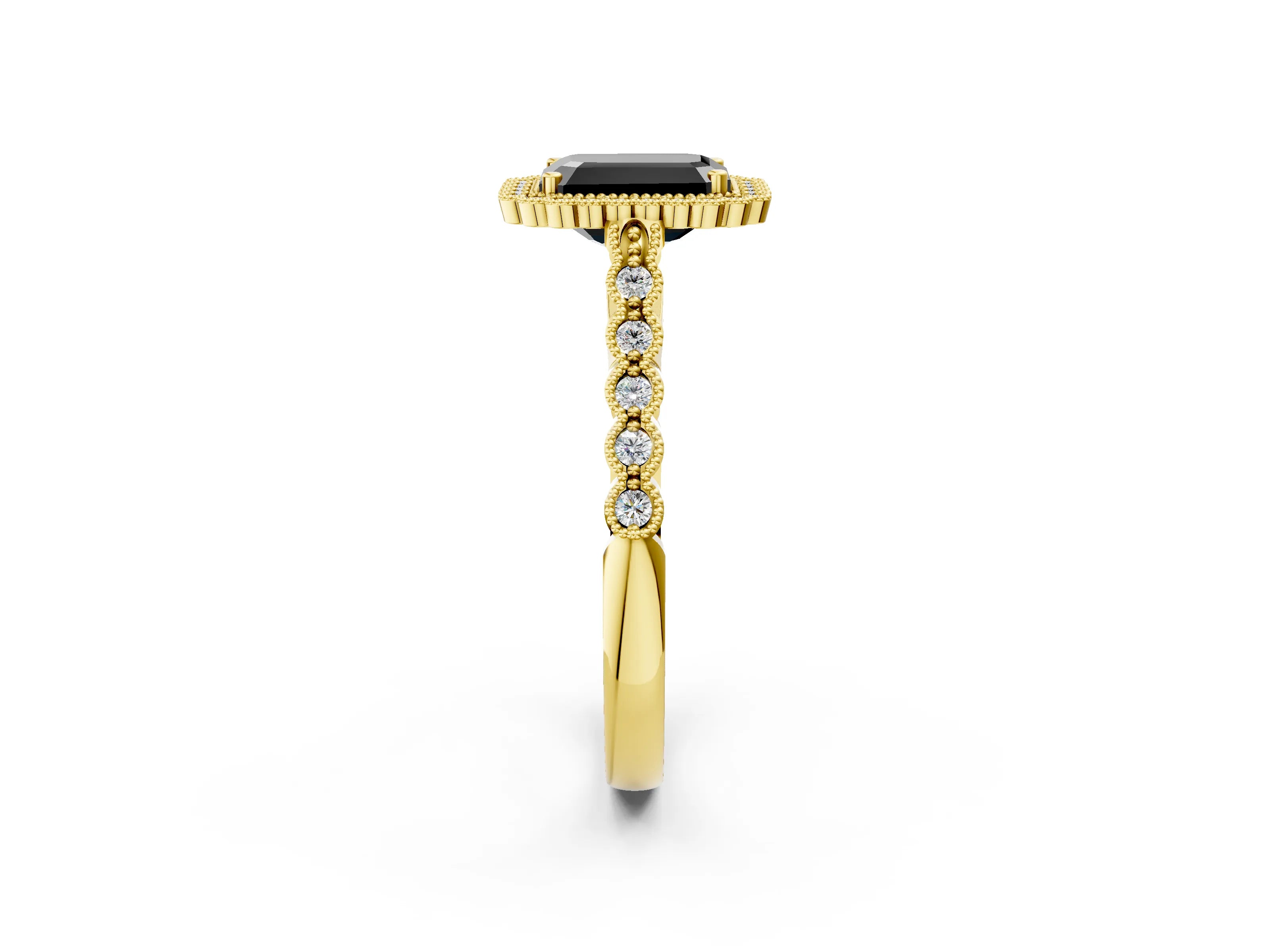 Yellow gold Fancy Black Emerald Cut Cut Halo Pavé Solitaire Ring with Milgrain Band_2
