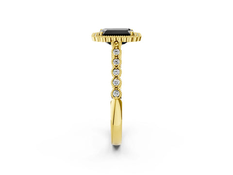 Yellow gold Fancy Black Emerald Cut Cut Halo Pavé Solitaire Ring with Milgrain Band_2