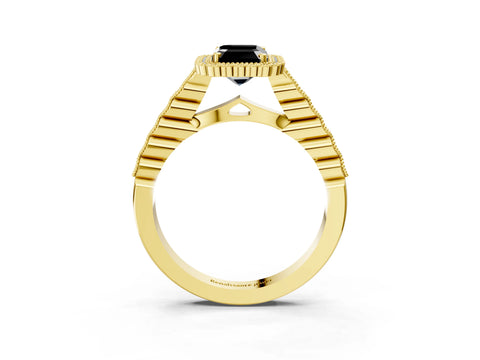 Yellow gold Fancy Black Emerald Cut Cut Halo Pavé Solitaire Ring with Milgrain Band_3