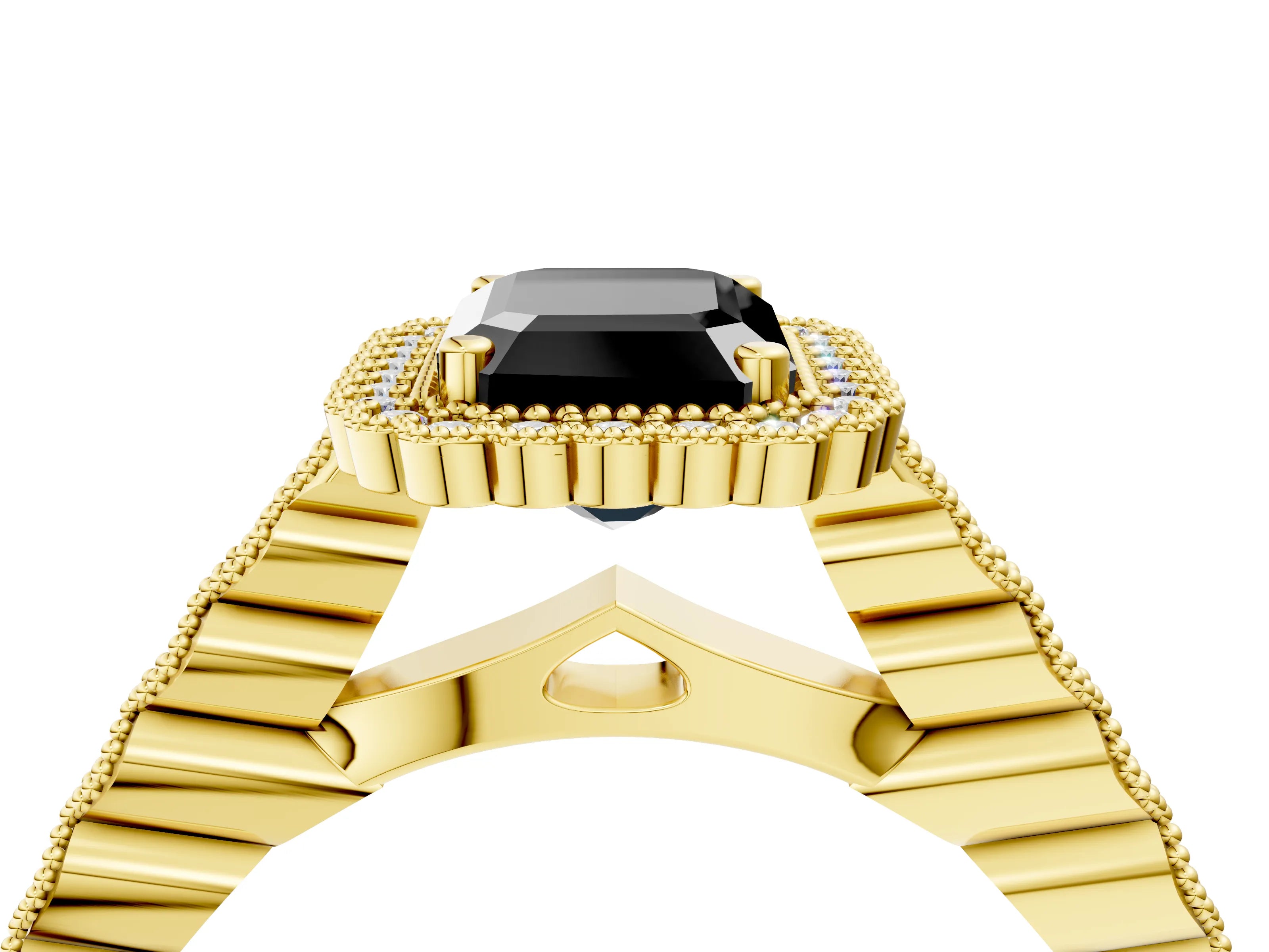 Yellow gold Fancy Black Emerald Cut Cut Halo Pavé Solitaire Ring with Milgrain Band_4