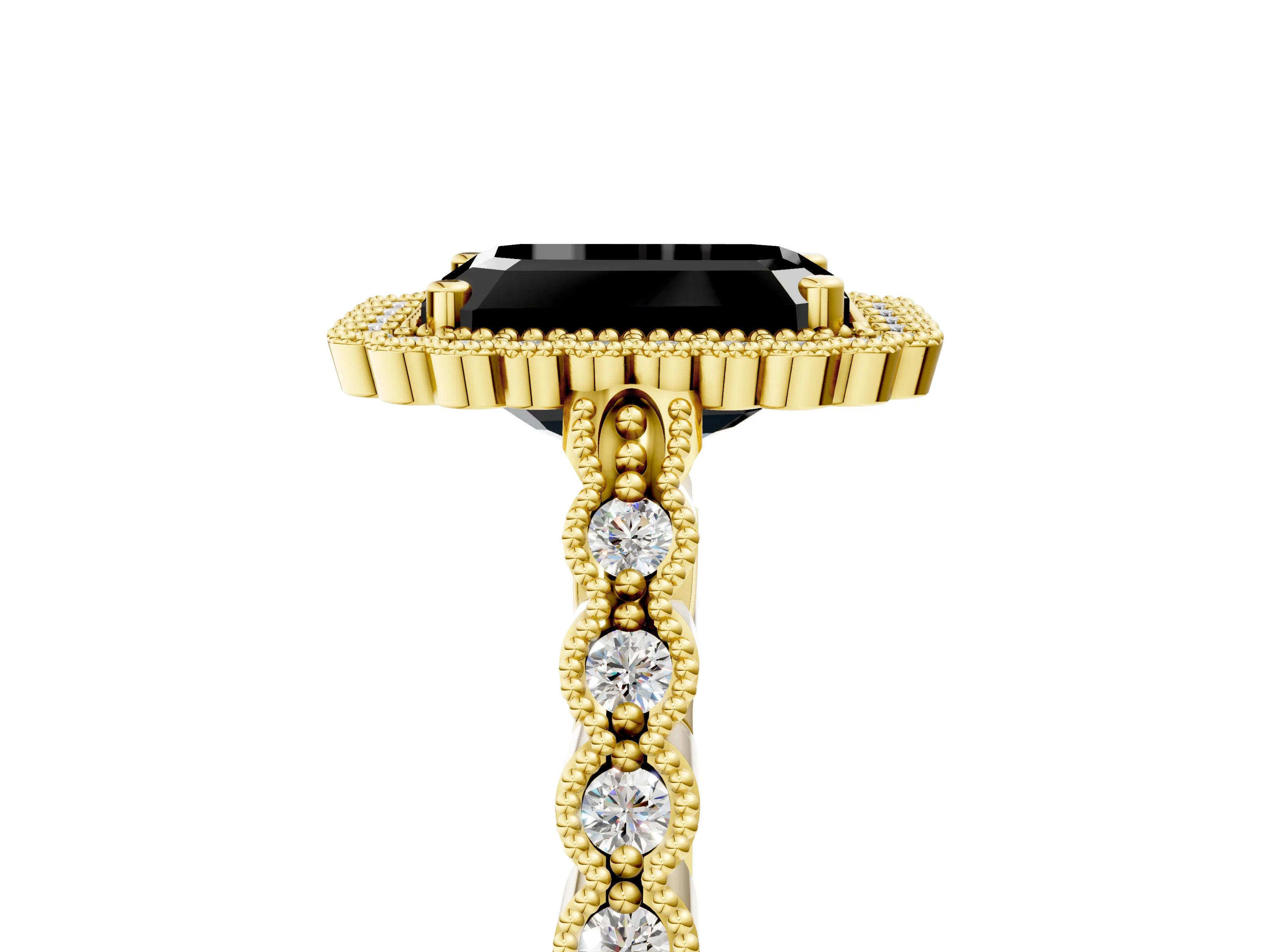 Yellow gold Fancy Black Emerald Cut Cut Halo Pavé Solitaire Ring with Milgrain Band_5
