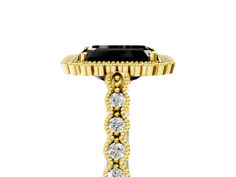 Yellow gold Fancy Black Emerald Cut Cut Halo Pavé Solitaire Ring with Milgrain Band_5