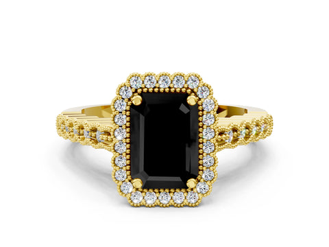 Yellow gold Fancy Black Emerald Cut Cut Halo Pavé Solitaire Ring with Milgrain Band