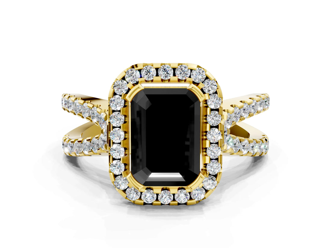 Yellow gold Fancy Black Emerald Cut Cut Halo Split Shank Pave Set Ring