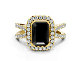 Yellow gold Fancy Black Emerald Cut Cut Halo Split Shank Pave Set Ring