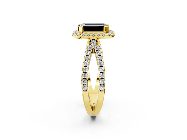 Yellow Gold Emerald Cut Halo Engagement Ring Setting for Black Center with Pave Split Shank