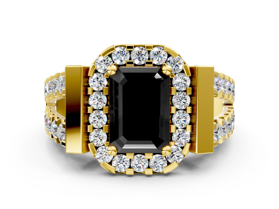 Yellow gold Fancy Black Emerald Cut Cut Halo Split Shank Prong Set Ring
