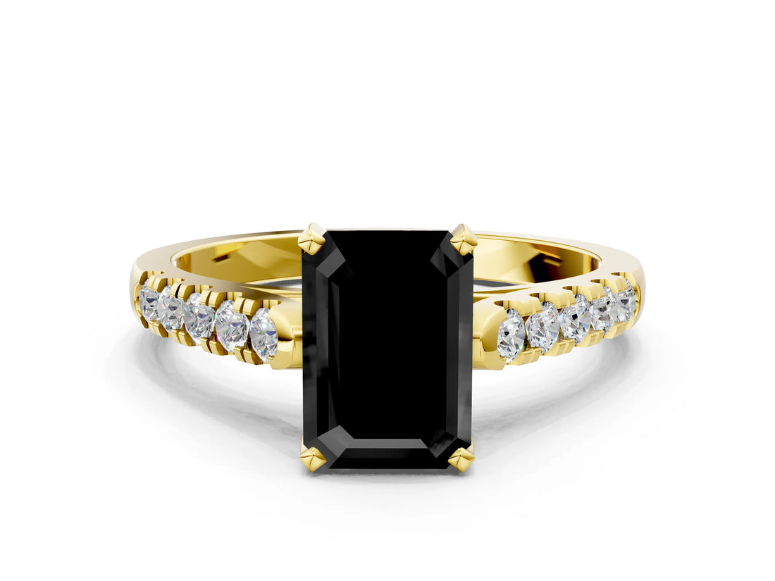 Yellow gold Fancy Black Emerald Cut Cut Pavé Band Solitaire Ring with Four-Prong Setting