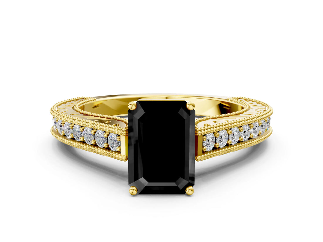 Yellow gold Fancy Black Emerald Cut Cut Pave Band Milgrain Solitaire Ring