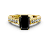 Yellow gold Fancy Black Emerald Cut Cut Pave Band Milgrain Solitaire Ring