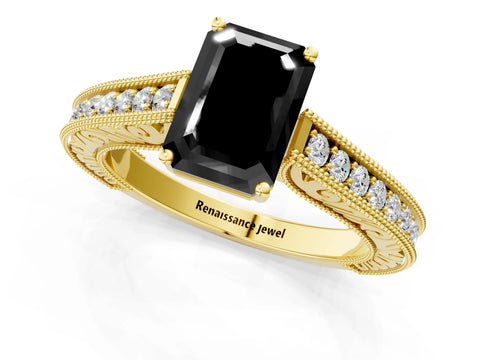 Yellow gold Fancy Black Emerald Cut Cut Pave Band Milgrain Solitaire Ring_1