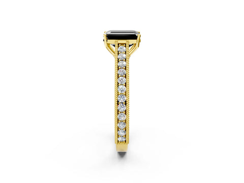 Yellow gold Fancy Black Emerald Cut Cut Pave Band Milgrain Solitaire Ring_2