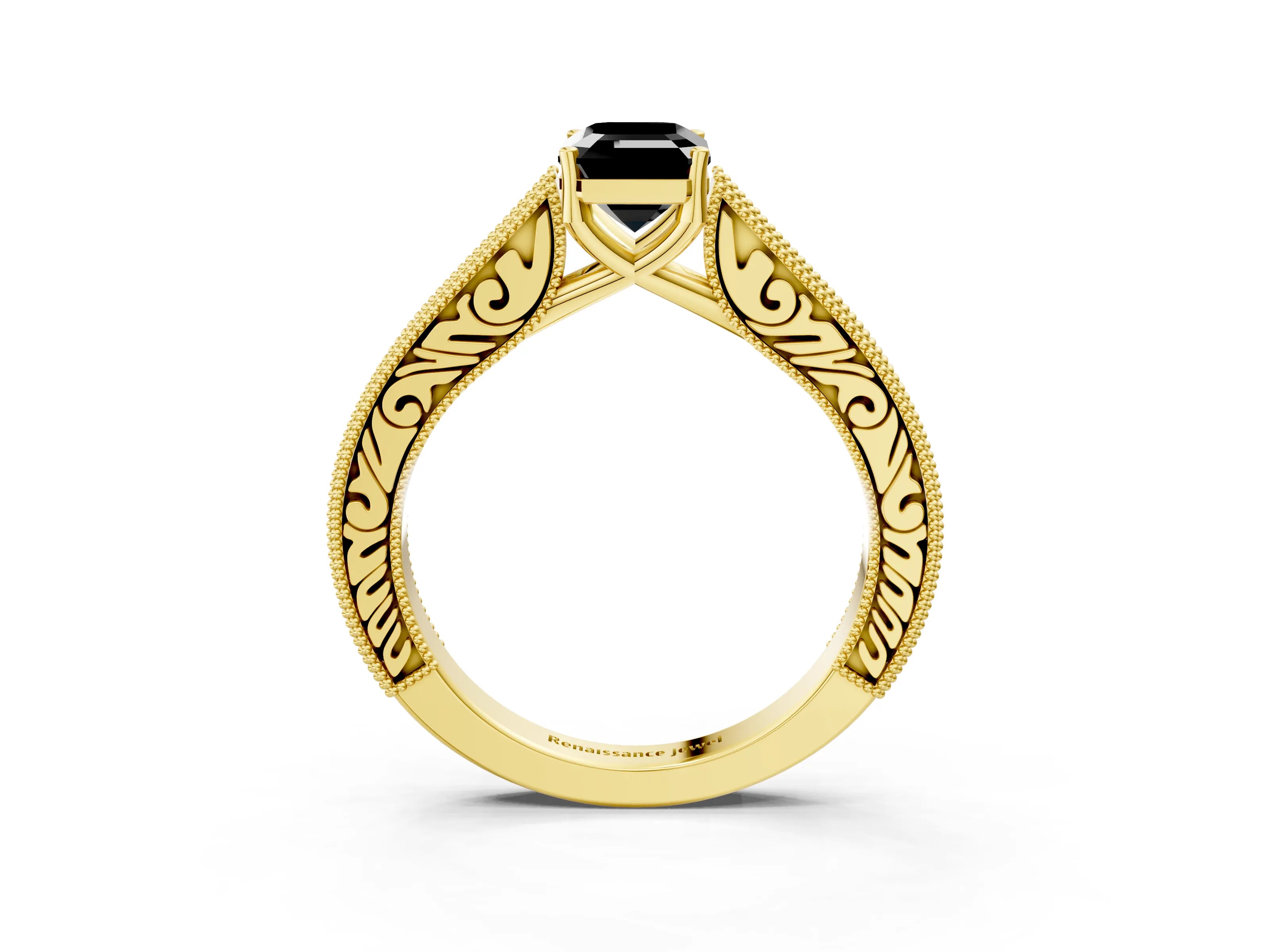 Yellow gold Fancy Black Emerald Cut Cut Pave Band Milgrain Solitaire Ring_3