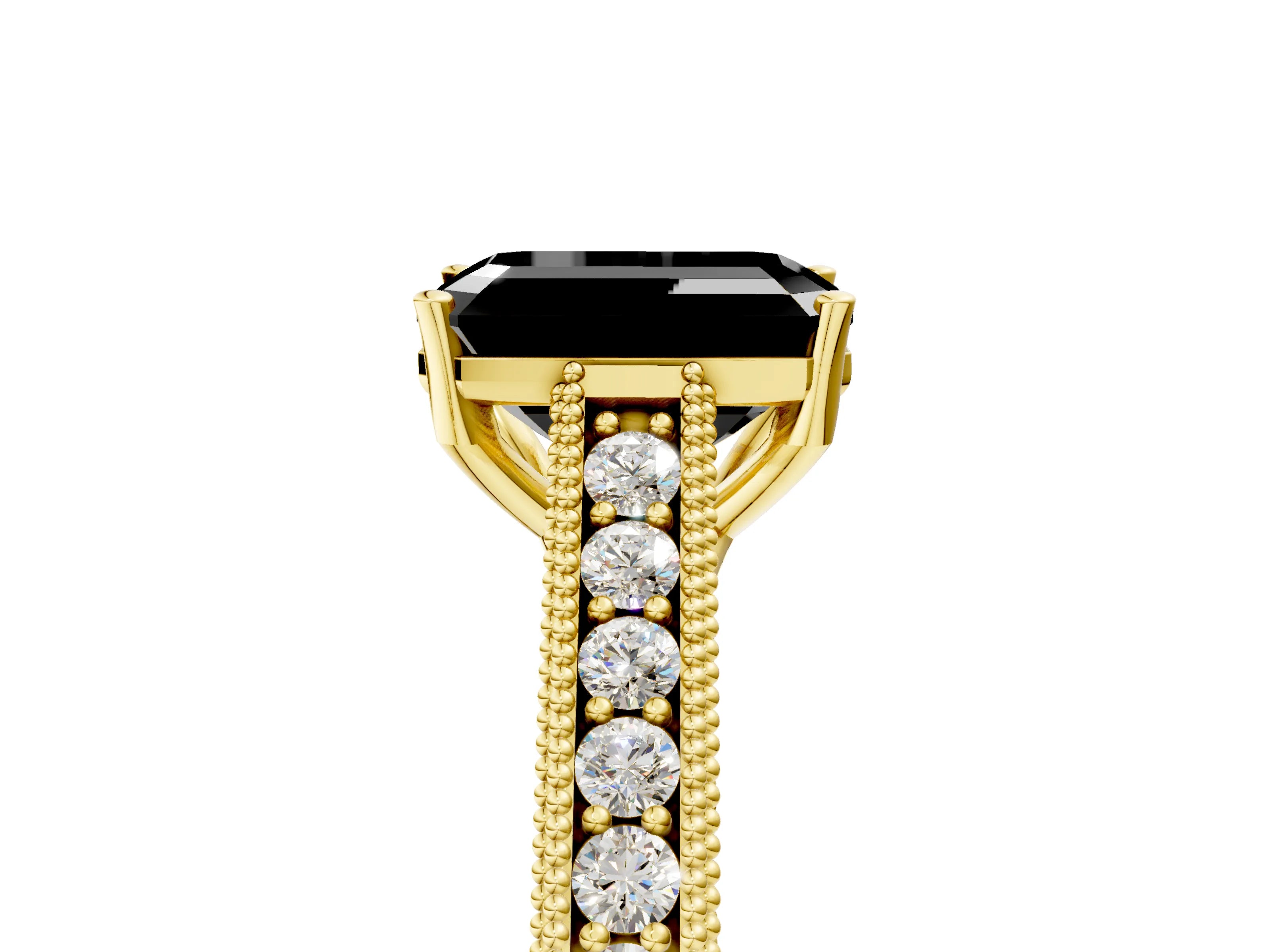 Yellow gold Fancy Black Emerald Cut Cut Pave Band Milgrain Solitaire Ring_5