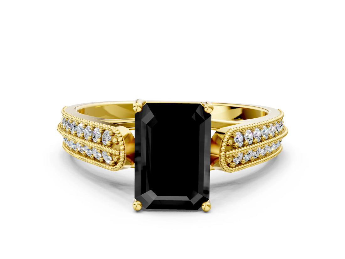 Yellow gold Fancy Black Emerald Cut Cut Pave Split Shank Engagement Ring with Four-Prong Setting