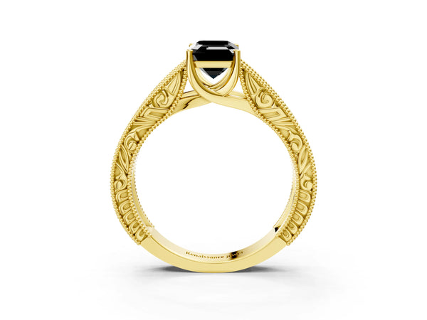 Yellow Gold Emerald Cut Vintage Engraved Solitaire Engagement Ring Setting for Black Center