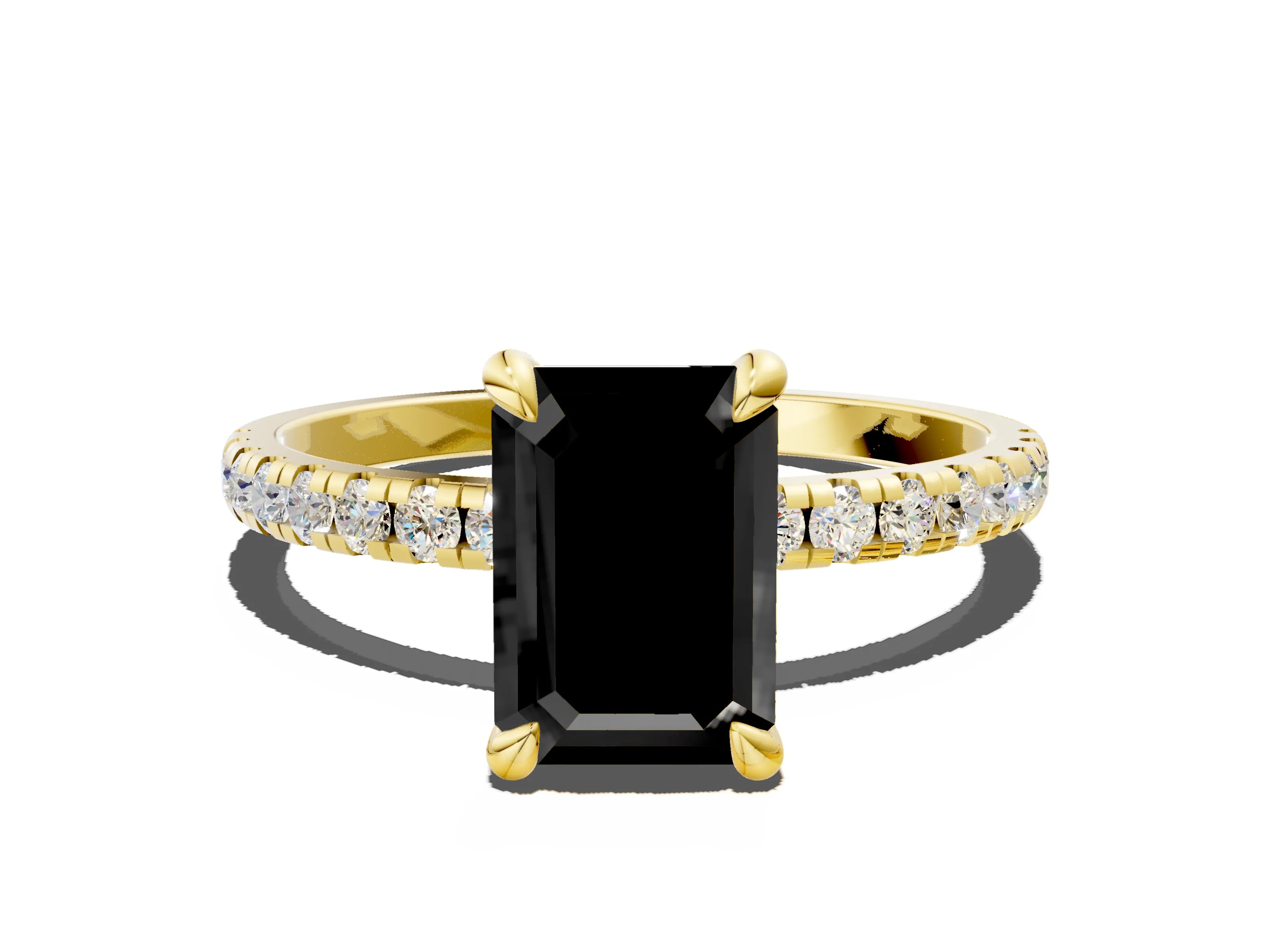 Yellow gold Fancy Black Emerald Cut Diamond Brilliant Solitaire Ring with Pavé Band and Four-Prong Setting