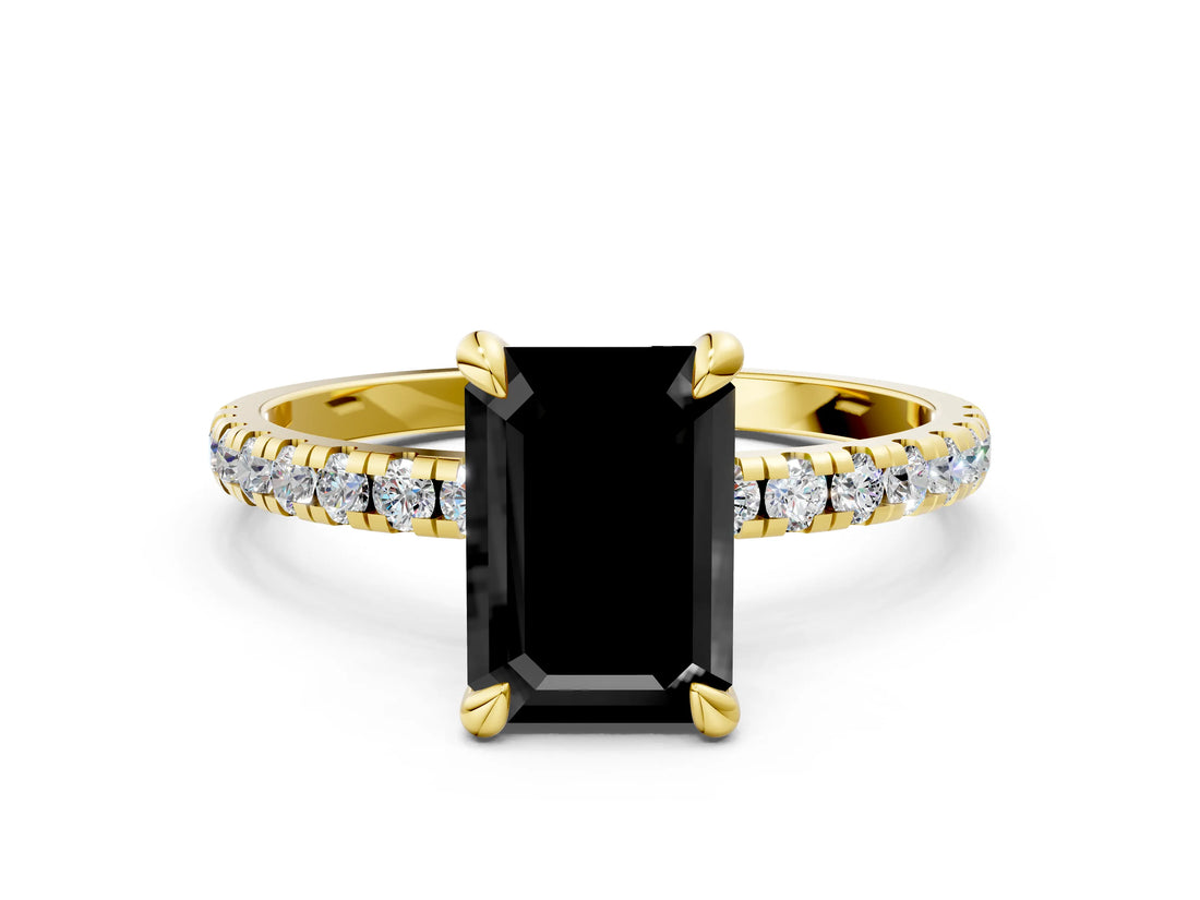 Yellow gold Fancy Black Emerald Cut Diamond Brilliant Solitaire Ring with Pavé Band and Four-Prong Setting_12