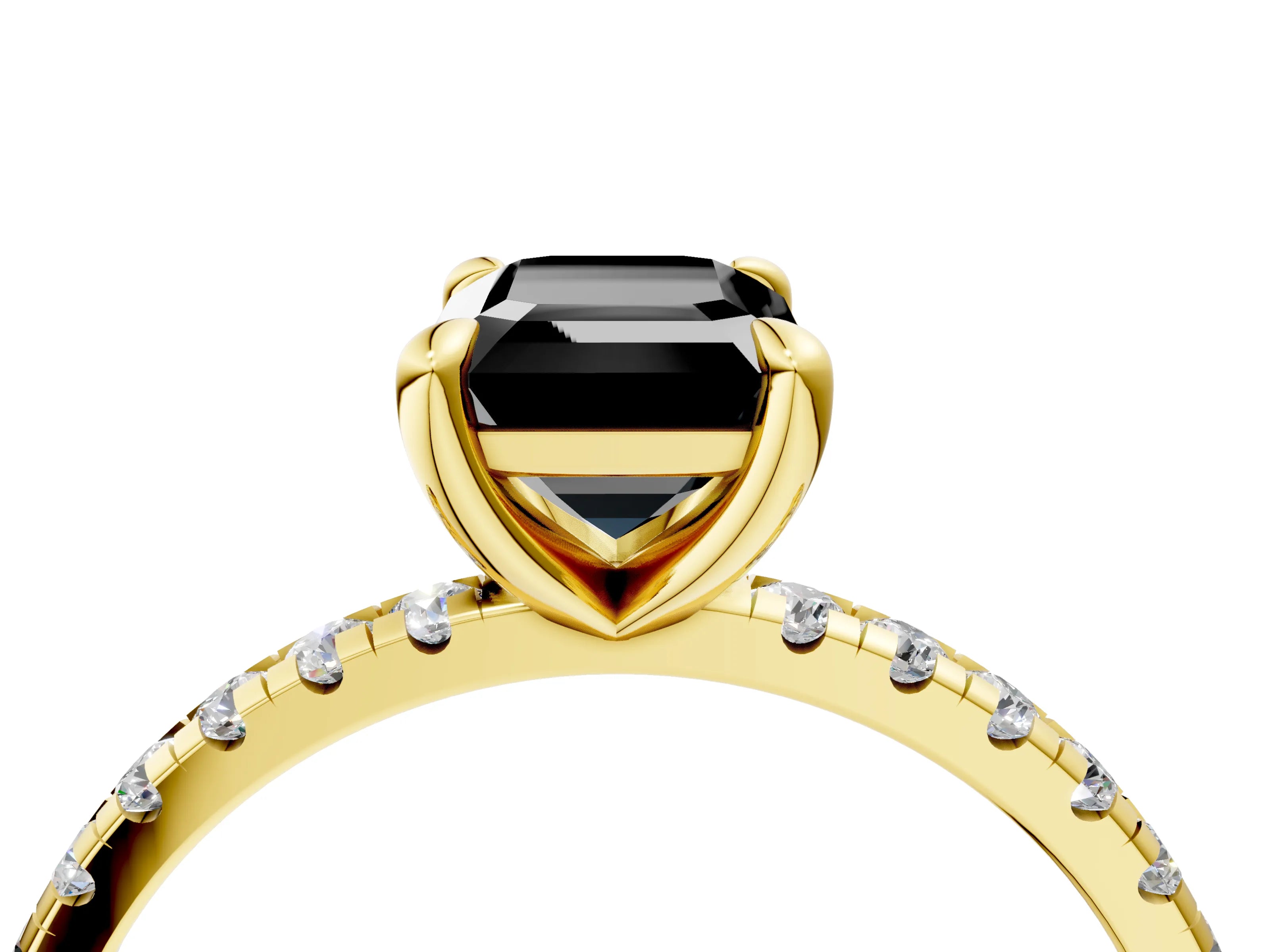 Yellow gold Fancy Black Emerald Cut Diamond Brilliant Solitaire Ring with Pavé Band and Four-Prong Setting_4