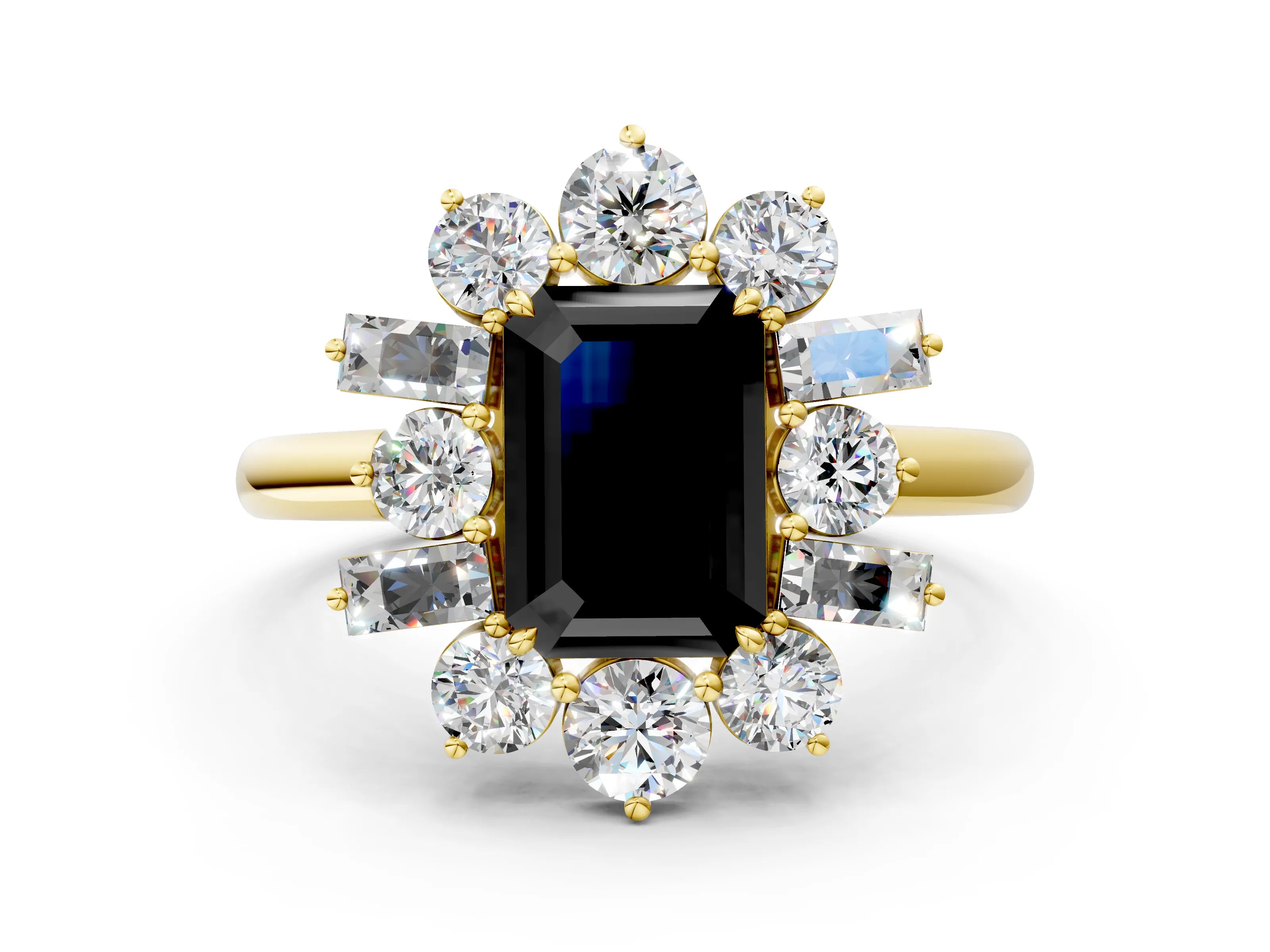 Yellow gold Fancy Black Emerald Cut Diamond Cluster Ring with Round and Baguette Stones, Split Shank Band, Prong Setting