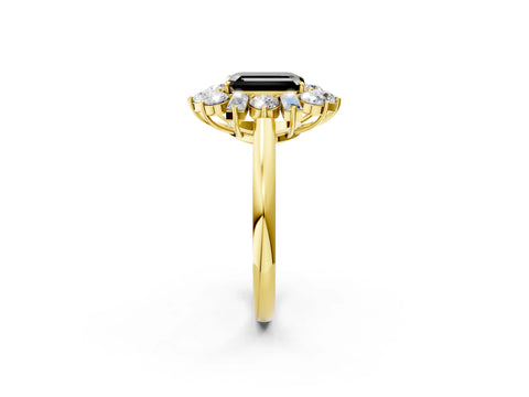 Yellow gold Fancy Black Emerald Cut Diamond Cluster Ring with Round and Baguette Stones, Split Shank Band, Prong Setting_2