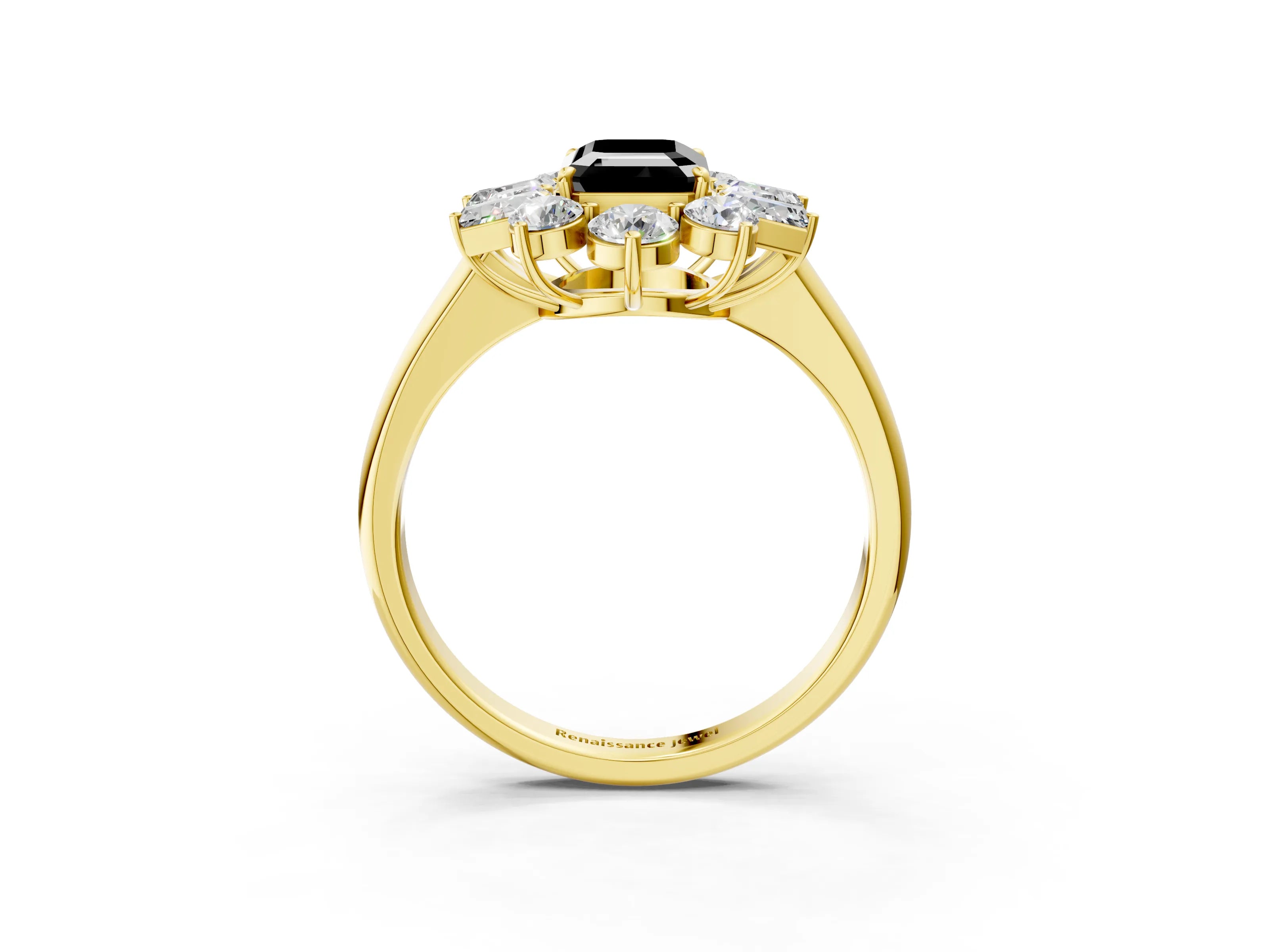 Yellow gold Fancy Black Emerald Cut Diamond Cluster Ring with Round and Baguette Stones, Split Shank Band, Prong Setting_3